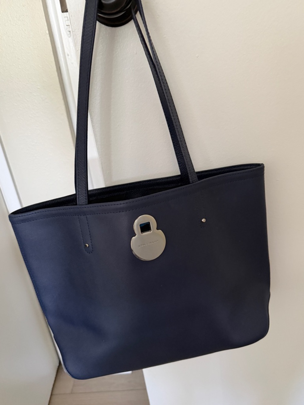 Longchamp Navy Leather Tote with Silver Hardware NWOT